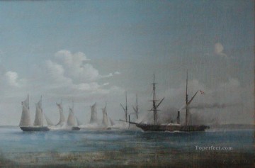 海戦 Painting - Orlogsskibet Hekla i kamp med tyske kanonbade 1850 年 8 月 16 日の海戦